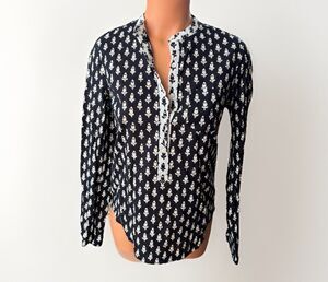 J.Crew Women's Black White Floral Print Cotton Popover Blouse Shirt Size 2